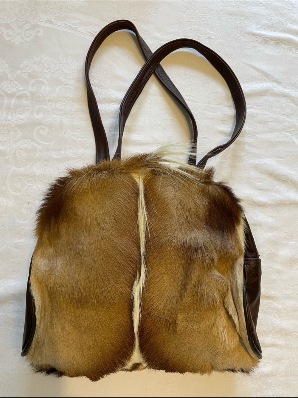 Faux Fur Brown Tote Bag with Leather Straps - Picture 4 of 11